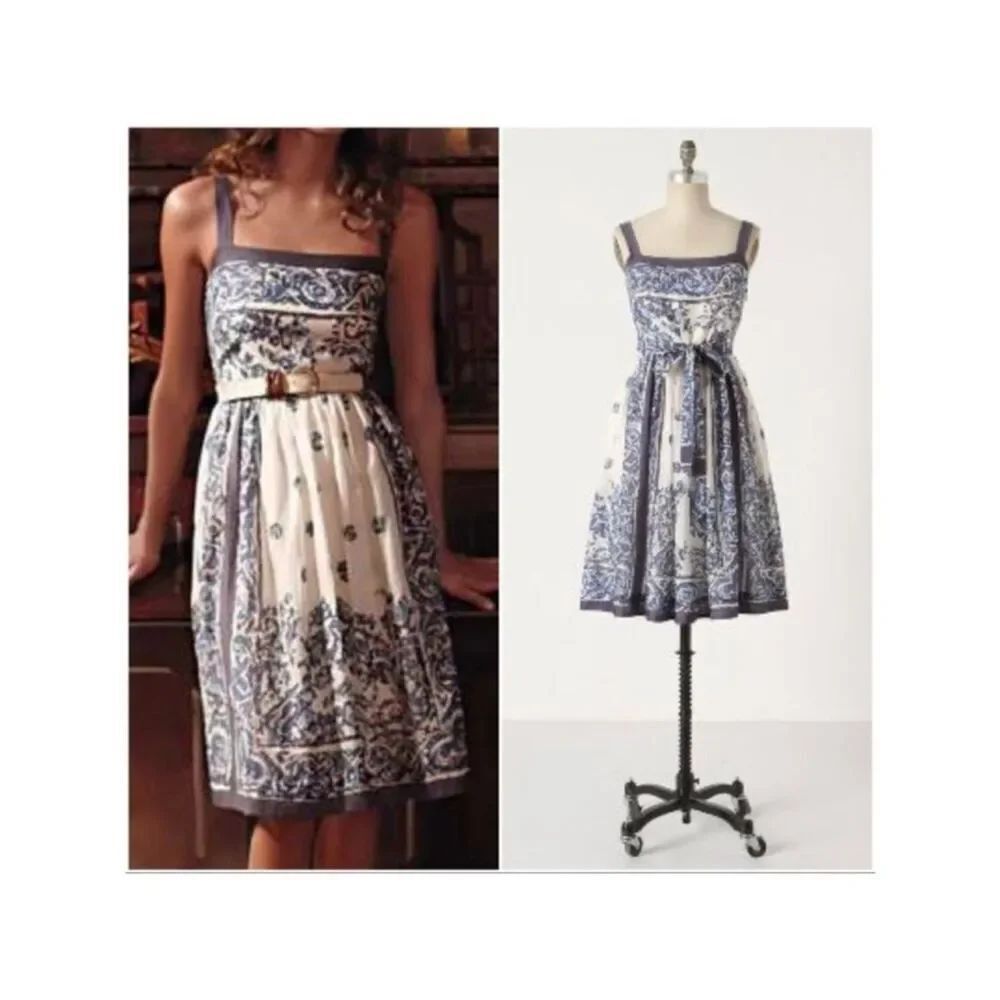 Maeve Blue and White Printed Midi Dress with Square Neck